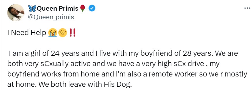 "I druggɘd the Dog and made it have s€x with me" - US-based lady writes as she seeks the help of internet users after being intimate with her boyfriend's dog