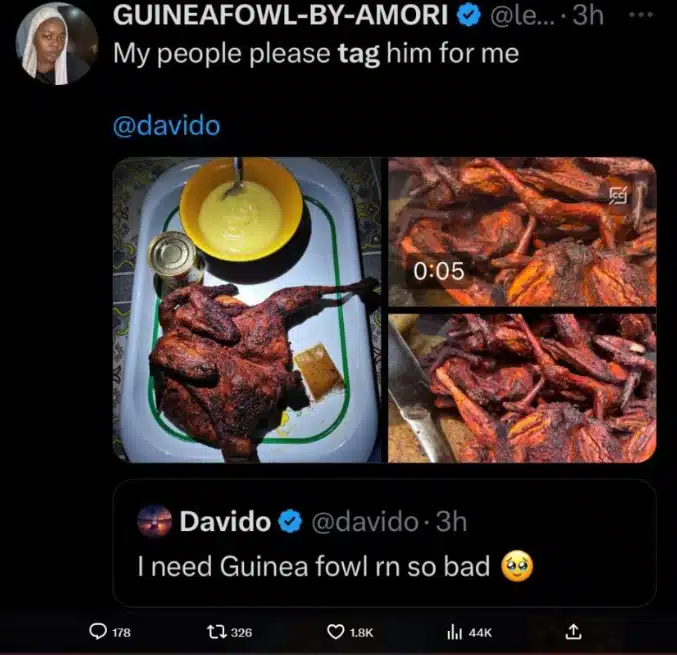 “To the BESTEST IDOLO, I stan and re-stan for life" - Female fan ecstatic as Davido patronizes her guinea fowl business