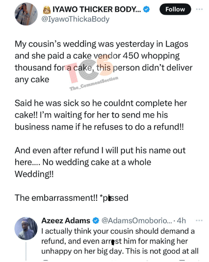 Netizens React As Hired Baker F@!ls to Deliver Cake On Wedding Day, After Being Paid N450K, Claims To Be Sick