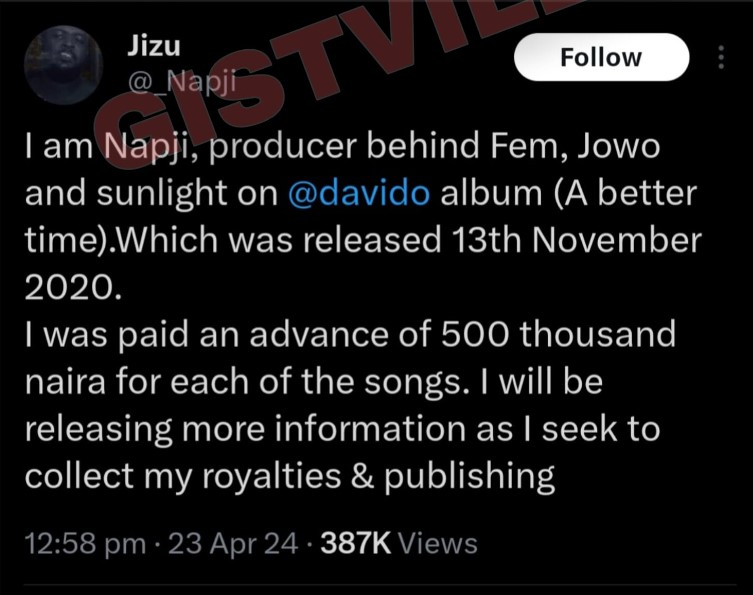 “Davido’s title should be owe owe 1, not 001” – Fans react as Napji, the producer who produced 3 of Davido’s hit songs claims Davido is still owing him millions for his work