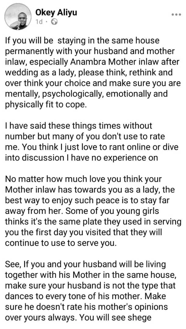 "If you will be staying in the same house permanently with your husband and mother-in-law, please think and rethink" – Nigerian man advice newly married women