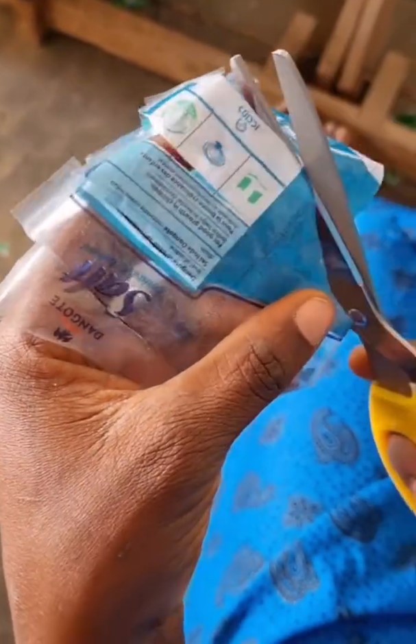 Netizens applaud lady who made a school bag out of Dangote salt sachet (VIDEO)