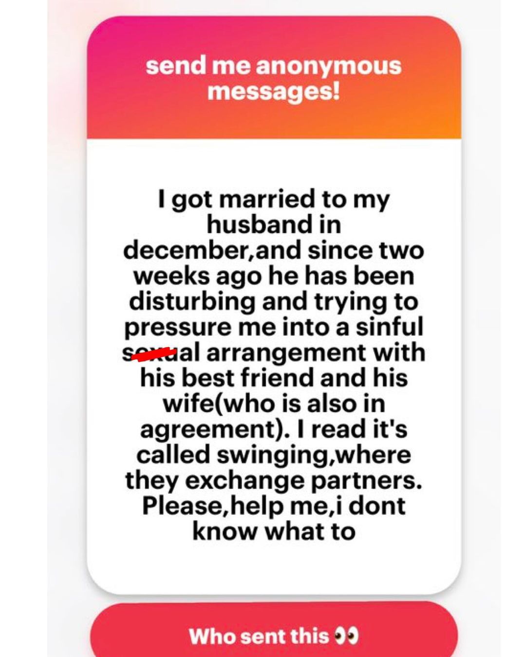 Newly married woman cries out after her husband pleaded with her to engage in a term called 'swinging' with his best friend and wife