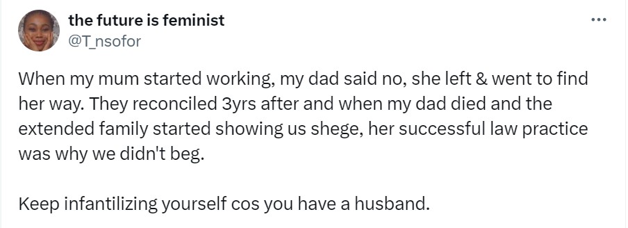 Using her mother as an example, lady shares why women should not agree to be full-time housewives