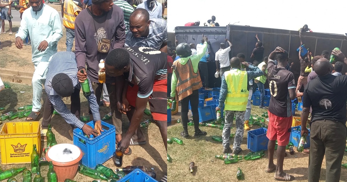 Abuja Residents Gather For An Unplanned Bǝǝr Party After Truck Loaded With Bǝǝr Crates Crashes (PICTURES)