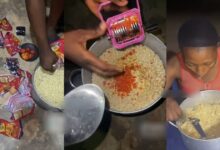 Nigerian Lady Shocks Viewers Online With Her Superhuman Eating Skills, As She Devours 10 Packs Of Noodles In One Sitting (WATCH)