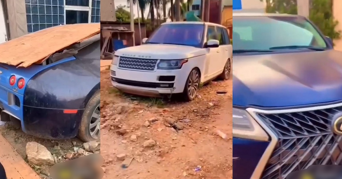 Nigerians Puzzled As Wrǝcked Bugatti And Costly Vehicles Were Spotted In A Compound (VIDEO)