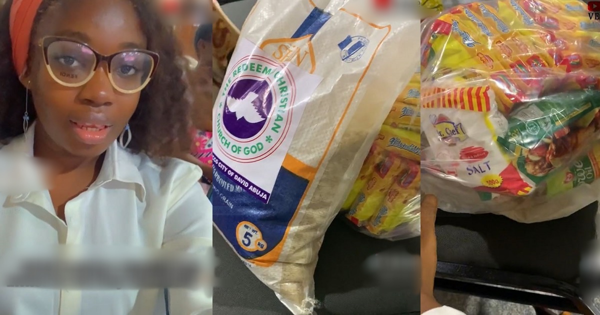 Nigerian Lady Creates Buzz Online After She Received Rice, Noodles, Salt, As Gifts From A Church As First-Timer (VIDEO)