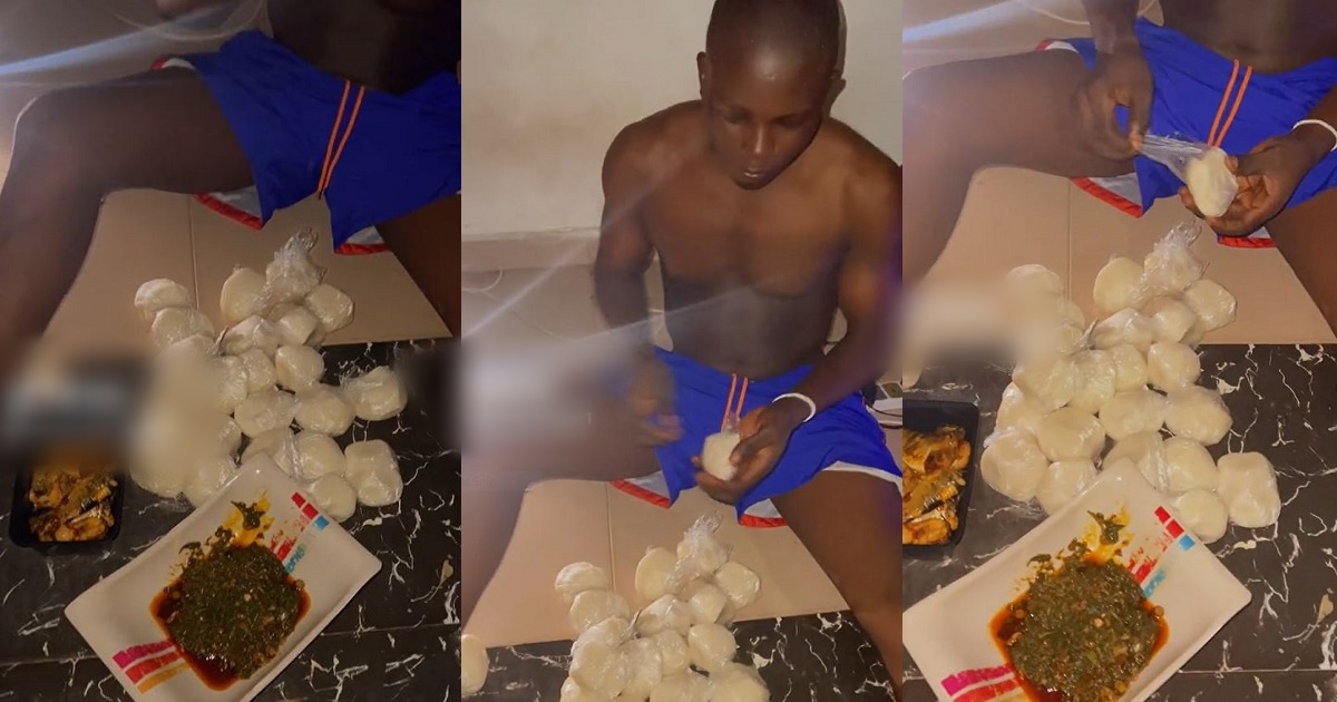 Nigerian Man Stuns Netizens By Devouring 27 Fufu Wraps And 2 Plates Of Vegetable Soup (WATCH)