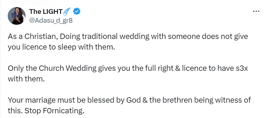 "As a Christian, Doing traditional wedding with someone does not give you the right to sleep with them, only church wedding gives you the full right" – Writer warns