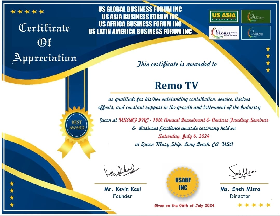 Remo TV Honored with Certificate of Appreciation at US Africa Business Forum