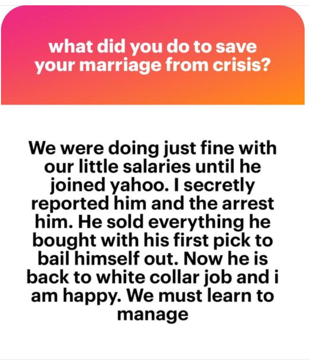 Woman shares how she stopped her husband from doing Yahoo