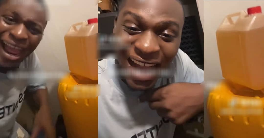 Nigerian Man Flaunts The Kegs Of Petrol He Received From His Mother After Struggling With Power Outages At His School (VIDEO)