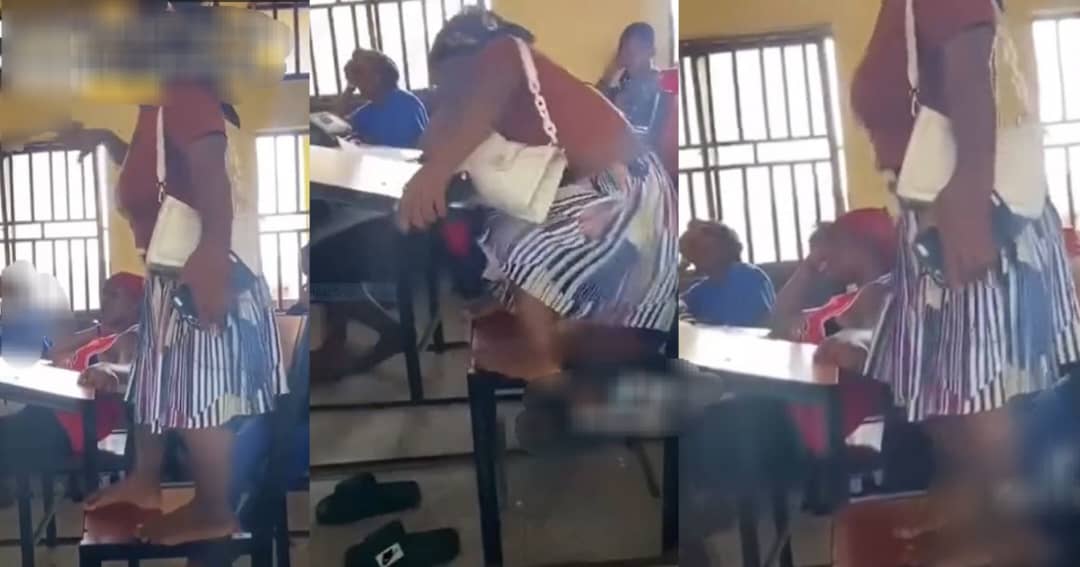 Nigerian Student Stirs Reactions As She Climbs Chair To Speak After Lecturer Complains He Can't See Her (VIDEO)