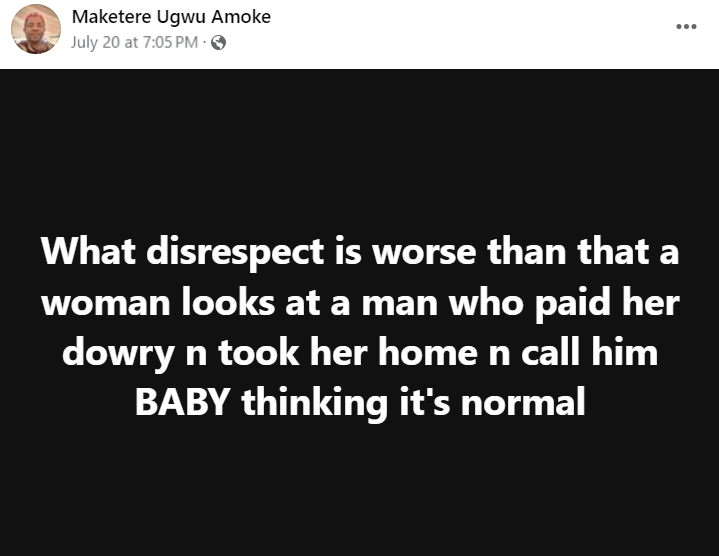 "It is d!srespectful and d!gusting for a woman to look at man that paid her dowry and call him 'Baby'" – Marriage coach