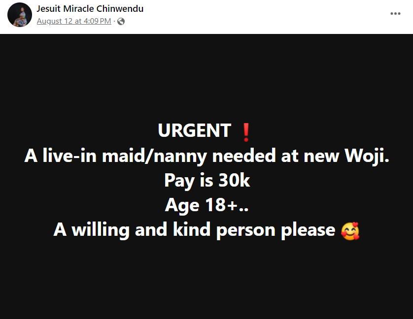 “Pay me 30k as a maid and I will sleep with your husband” – Influencer's responds to viral job posting