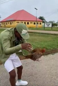 "Make he come dey keep for super eagles" – Male corps member unveils his goalkeeping style of catching a chicken(VIDEO)