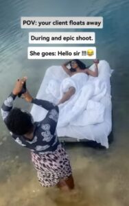 "Can never be me!" – Female client maintains composure as she floats away during an 'epic' photo shoot on a beach in Delta state (VIDEO)