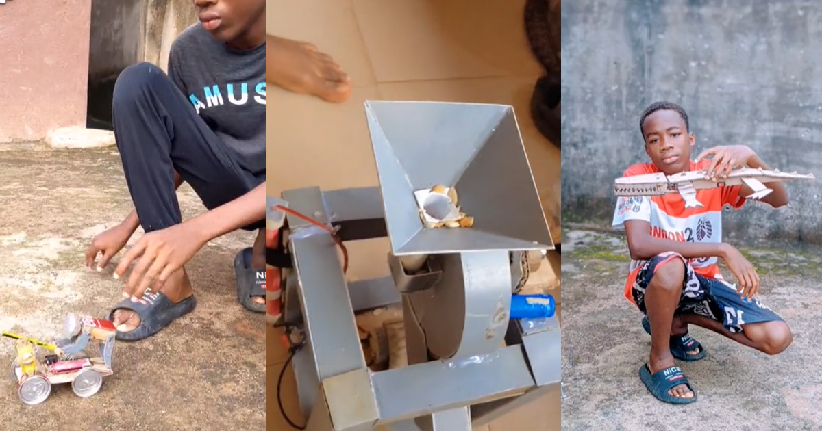 Netizens Stúnned As Young Boy Builds Grinding Machine, Toy robot And More From Cardboard, Plastic And Batteries (VIDEO)